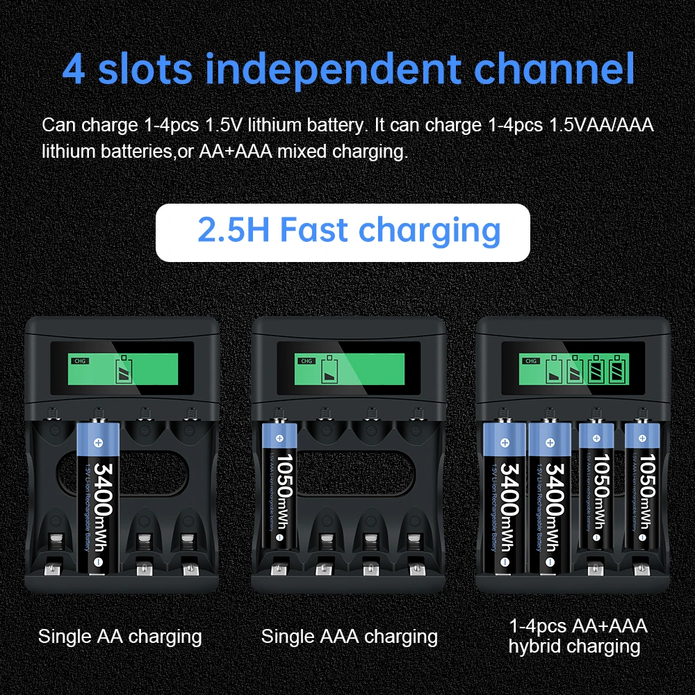 1.5v AA Battery Charger with LCD Display Smart Charger for 1.5v Lithium Li-ion Rechargeable Battery AAA