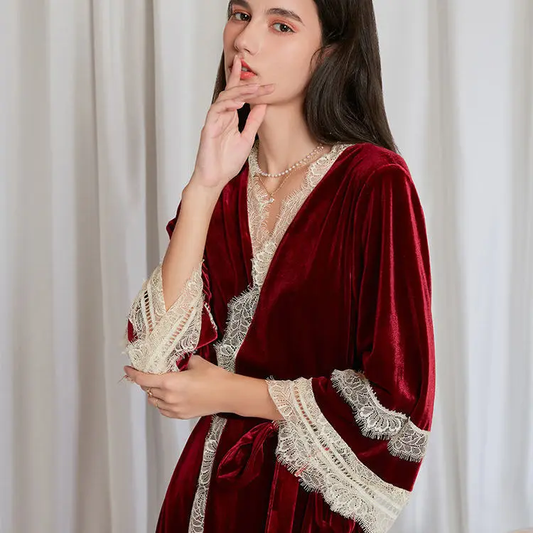 Classic Women's Bathrobe Night Dress Sleepwear With Long-sleeves V-neck One-piece Custom made Velvet Pyjamas Femme Lingerie