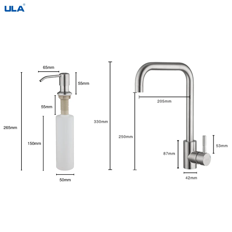 ULA Stainless Steel Kitchen Faucet Set with Pump Soap Dispenser 360 Rotate Kitchen Faucet Cold Hot Water Sink Mixer Tap Torneira