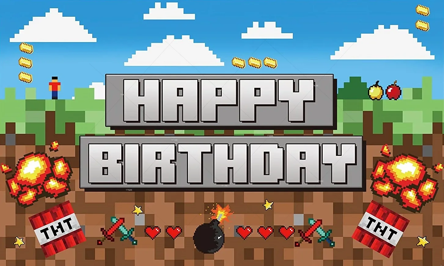 Boy Happy วันเกิดการถ่ายภาพฉากหลัง Dynamite พิกเซลเกม Photo Booth พื้นหลังวันเกิด Party ตกแต่งแบนเนอร์