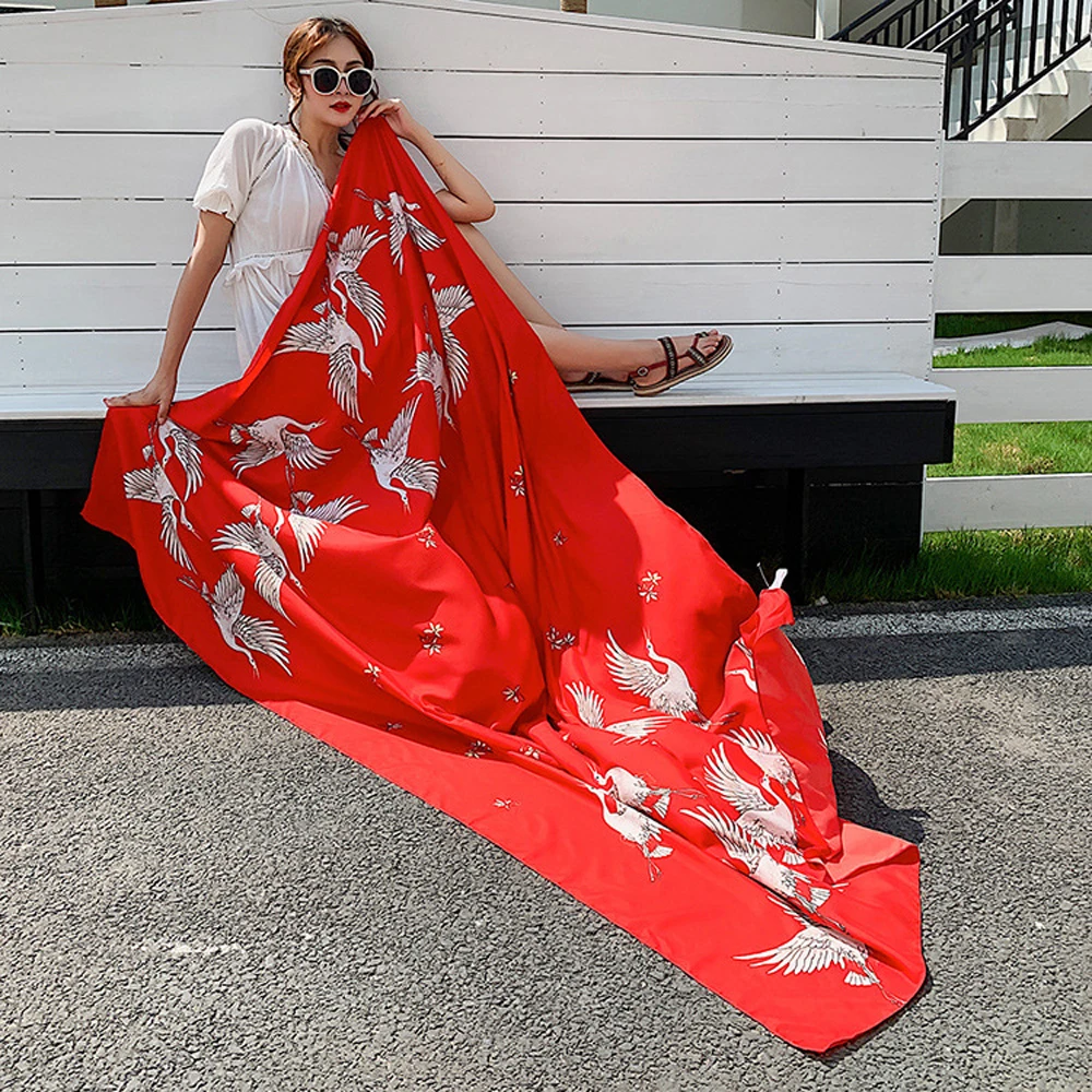 Bufanda de algodón con estampado de pájaros para mujer, chales cálidos de talla grande, protección solar, color rojo, Otoño, 2020