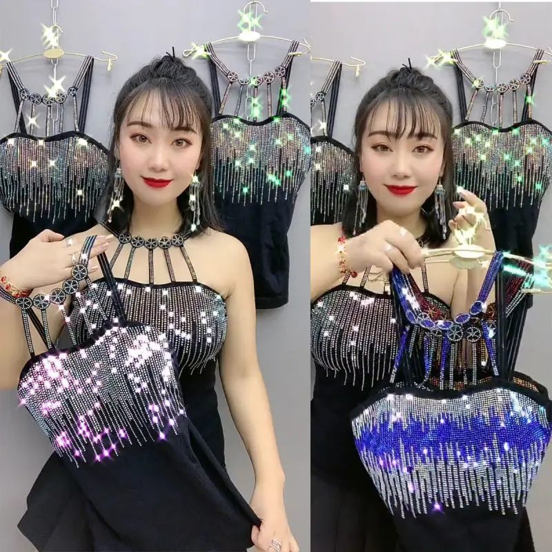 2024 New Creative Shiny Set Auger Vest Women Fashion Trendy with Pad Sling Lady Nightclub Bar Personality Tops Woman Clothing