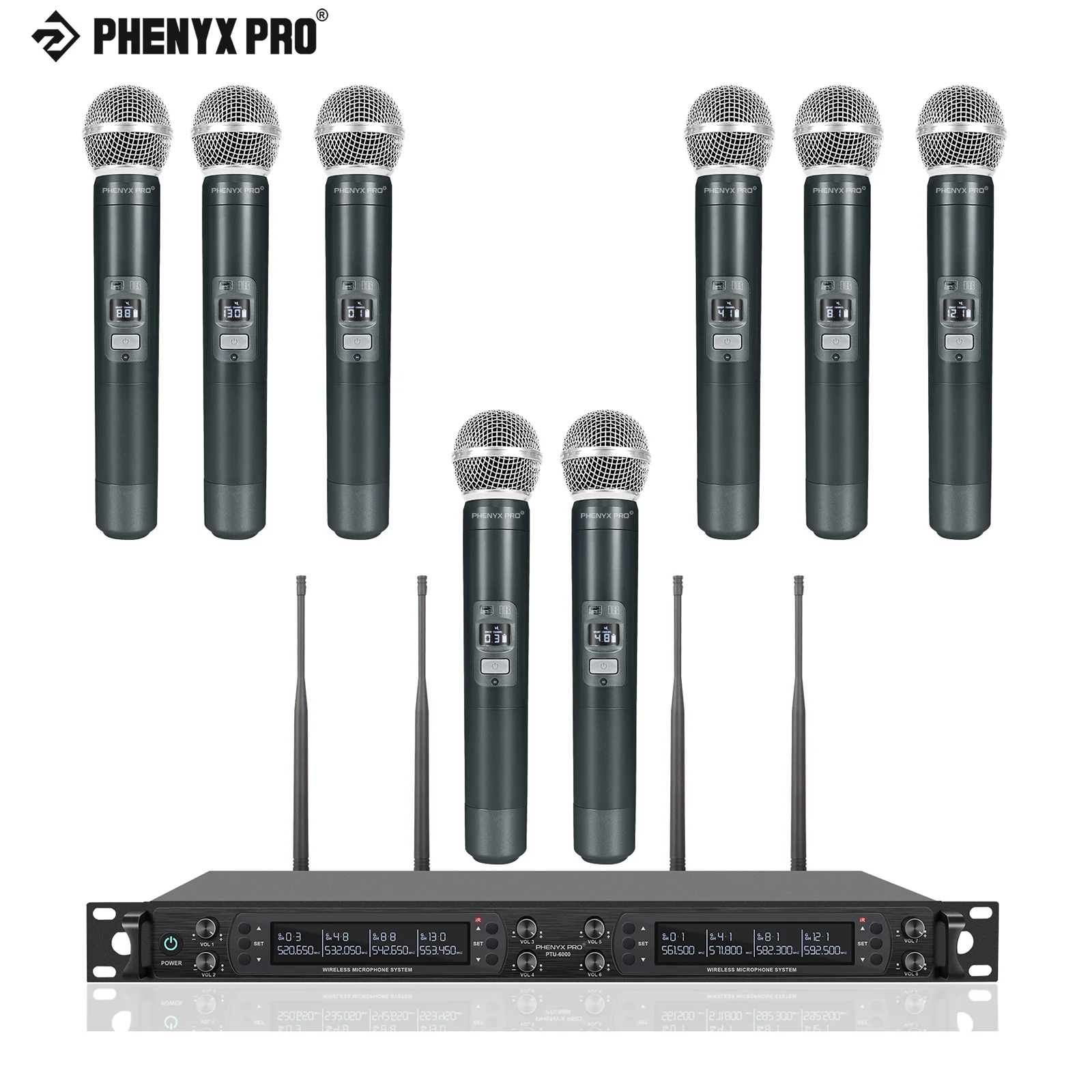 Wireless Microphone System, Phenyx Pro Eight-Channel Cordless Mic Set with Metal Handheld Mics, 8x40 Channels, Auto Scan for DJ