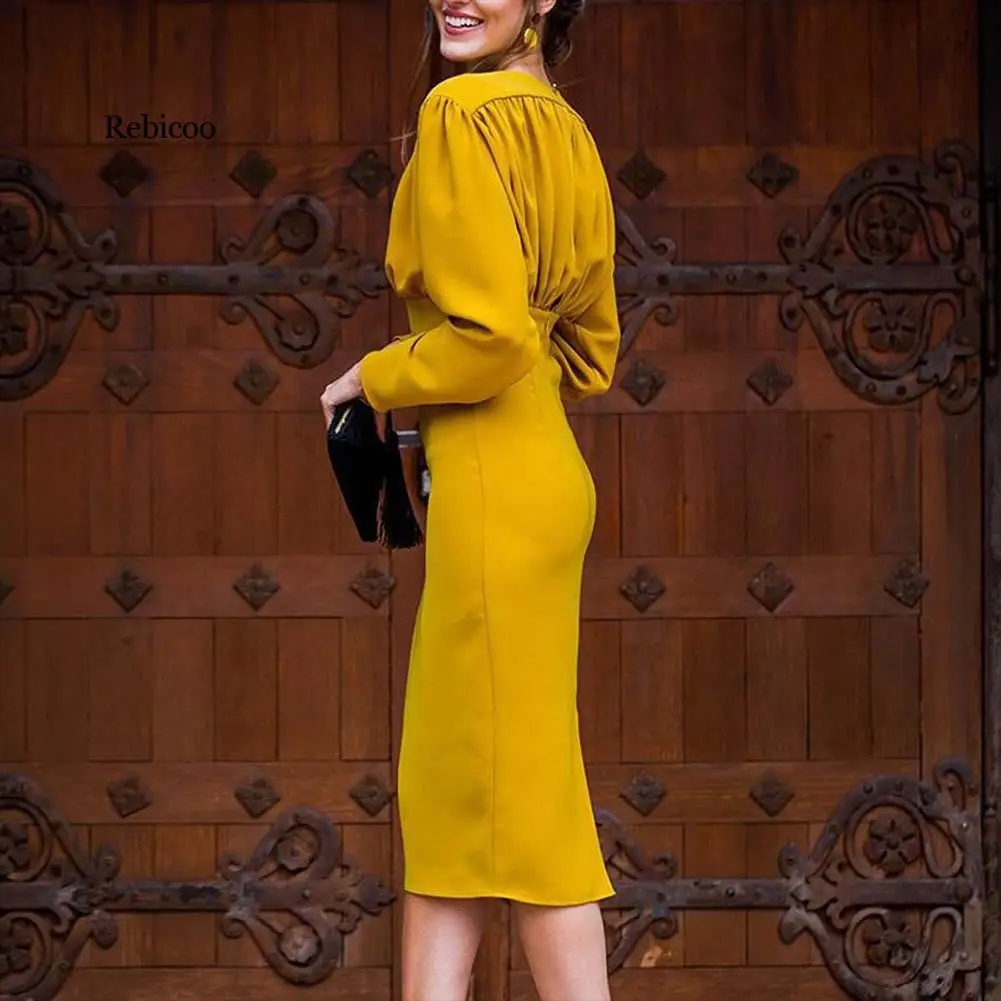 Wrap Hip Slim V-Neck Long Sleeve High Waist Evening Sexy Dress Party Commute Date Elegance Generous  Women Dress