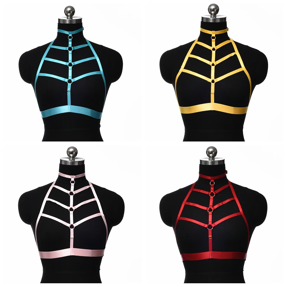 Bondage strappy feminino arnês sutiã halloween rave lingerie sexy peito aberto sutiã ajustável punk corpo arnês