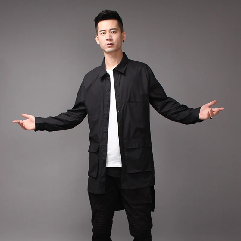 2021 new style men's mid-length Shirt Spring Dark long-sleeve print shirt personality stylist fashion jacket