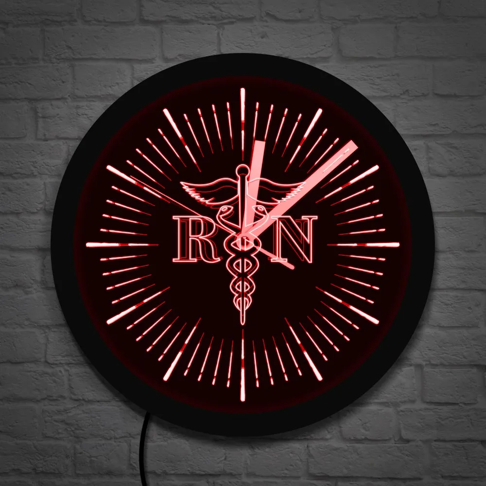 Registered Nurse Caduceus Medical Logo LED Backlight Modern Wall Clock Gift For Nurse Certified Nurse Anesthetist Wall Light