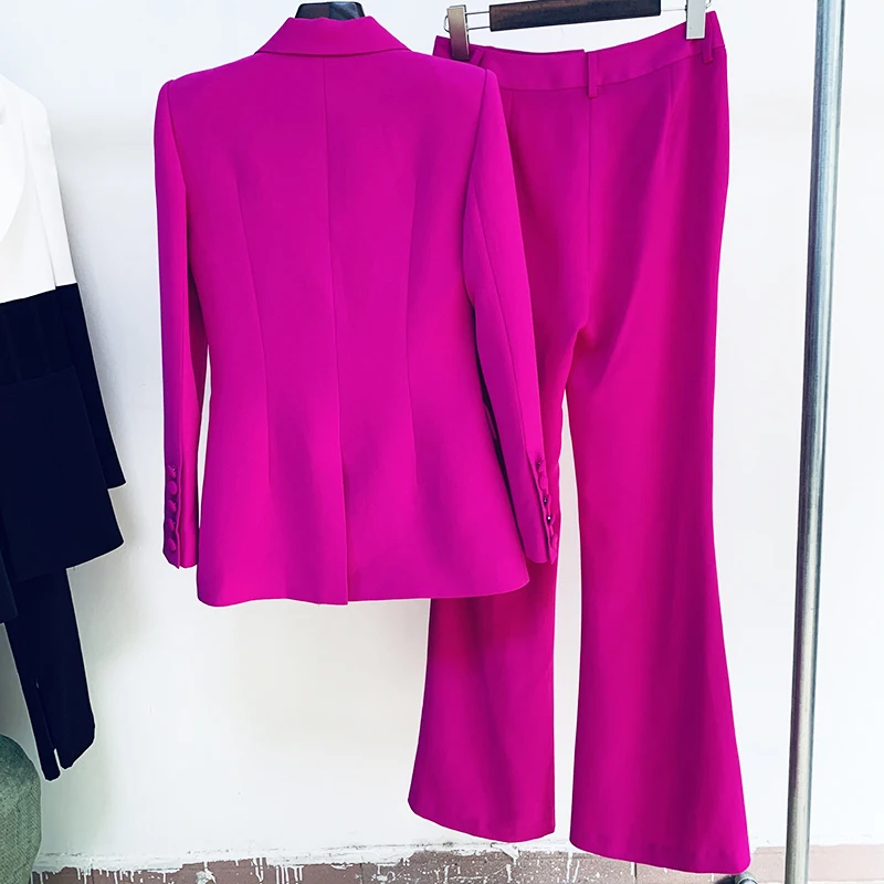 Conjunto de traje de diseñador de pasarela para mujer, Blazer de un solo botón, pantalones acampanados, púrpura fluorescente, alta calidad, 2024