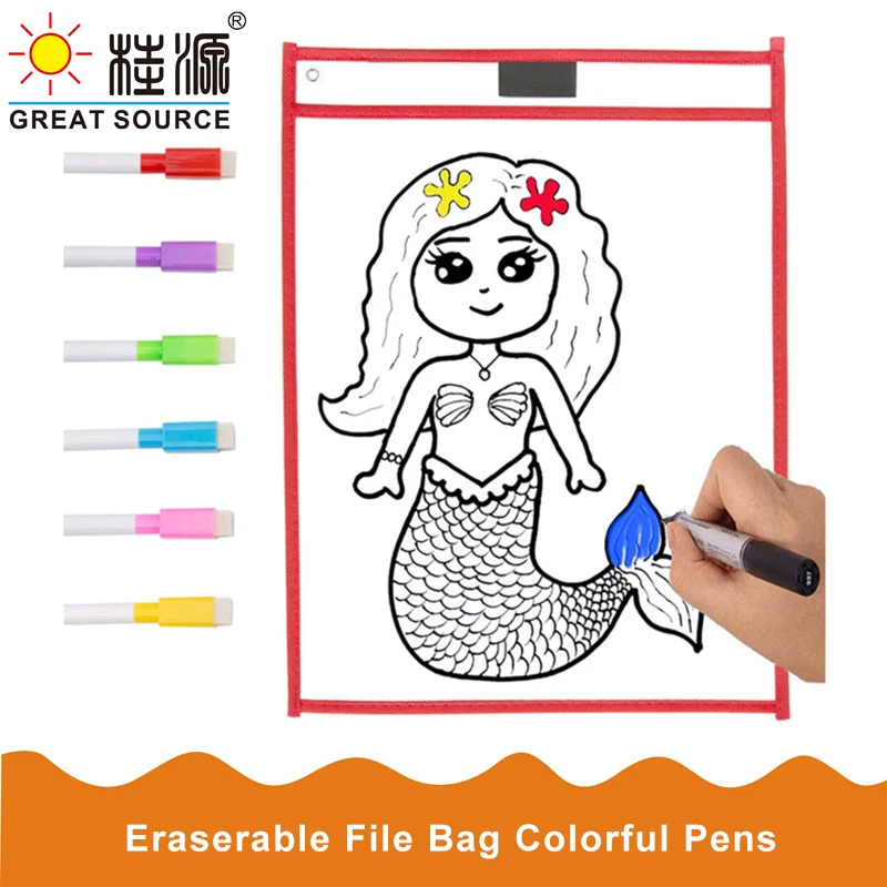 MQQ Dry Erasabl  Pockets Transparent Write PET Reusable Wipe Drawing Bag File Pocket Color Pens For Kids Dooble(2Sets)