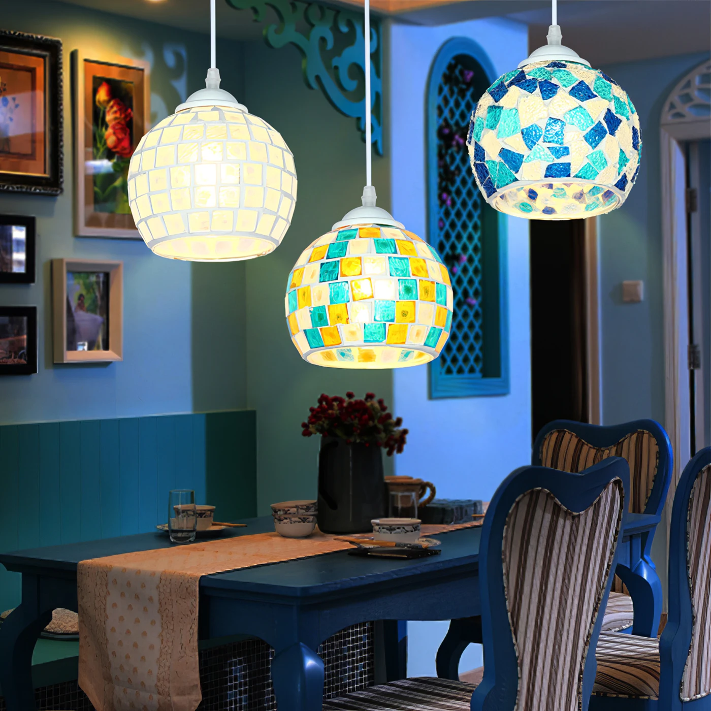 Creative LED Chandelier Stained Glass Mediterranean Tiffany Mosaic Style For Restaurant Living room Corridor Cafe Bar