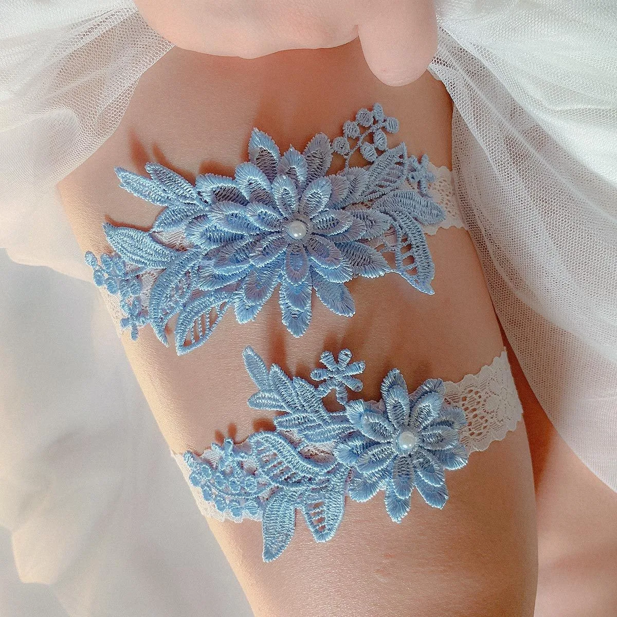 2pcs Bridal Wedding Garter Navy Blue White Embroidery Sexy Garters Women/Female Thigh Ring Bride Lace Leg Ring Loop