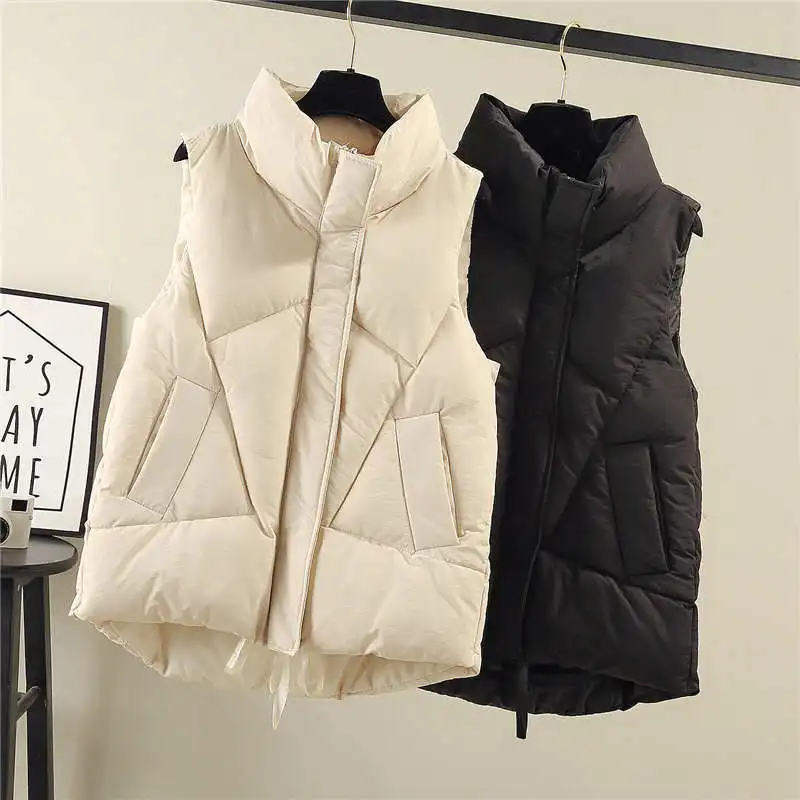 

Down Cotton Padded Vest Women Casual Stand Collar Autumn Winter Jacket Women Pockets Warm Vests Black Sleeveless Waistcoat C7612