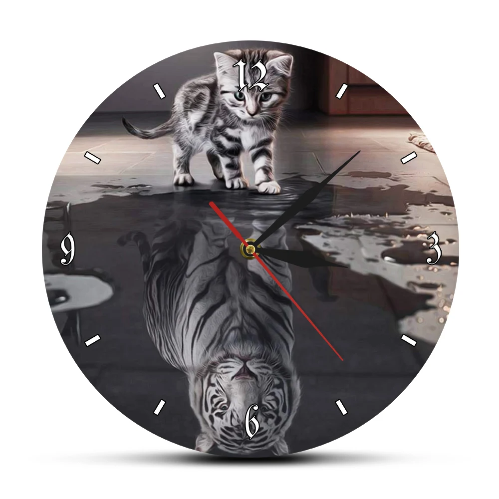 Tabby Kitten Reflection White Tiger Motivational Wall Art Home Decor Clock Reflection of Soul Cat Reflection Tiger Wall Watch