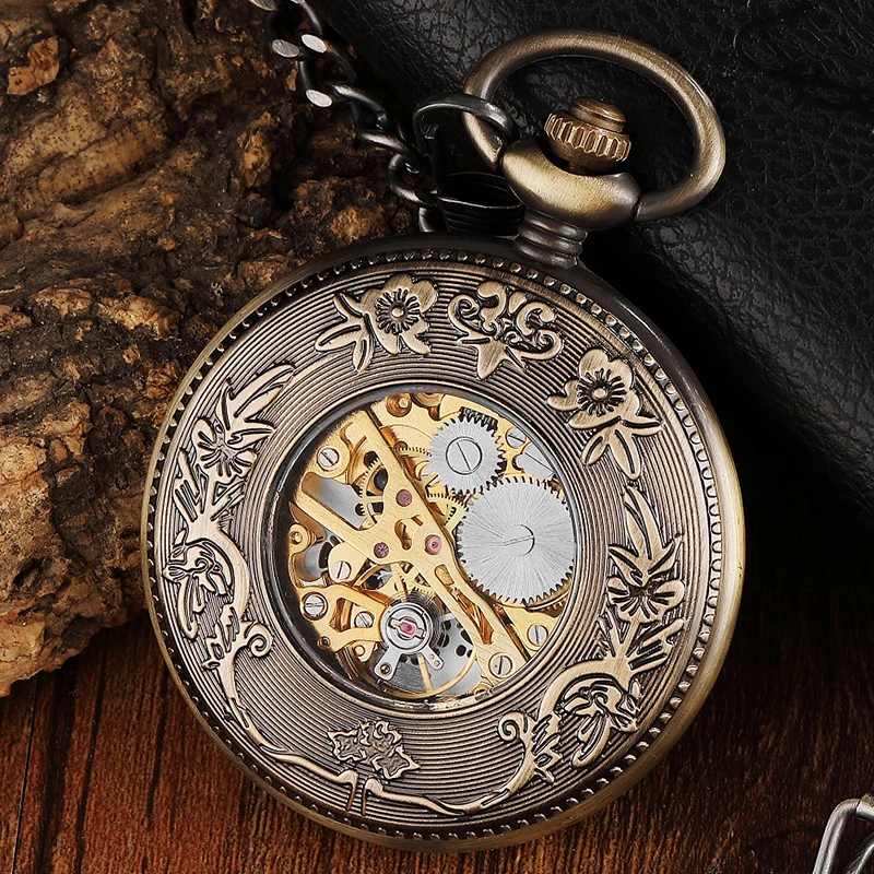 Caixa de madeira de alta qualidade estilo relógio de bolso mecânico antigo esqueleto dial fob chain clock com caixa de presente para homem dropshipping