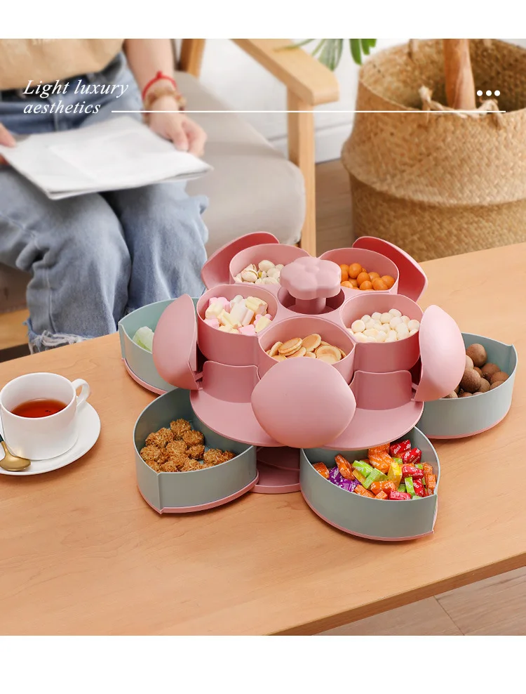 

2-Layer Rotation Dried Fruit Plate Rotating Petal Candy Box Plastic Snack Tray Case Nut Wedding Party Home Organizer Box