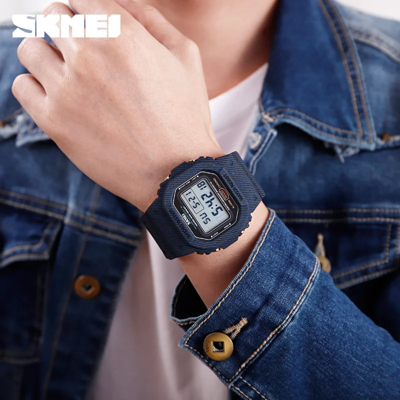 Square Denim Stripes Digital Watch SKMEI 1471 Brand Sport Watch Waterproof 50m Electronic LED Male Wrist Watch Alarm Clock