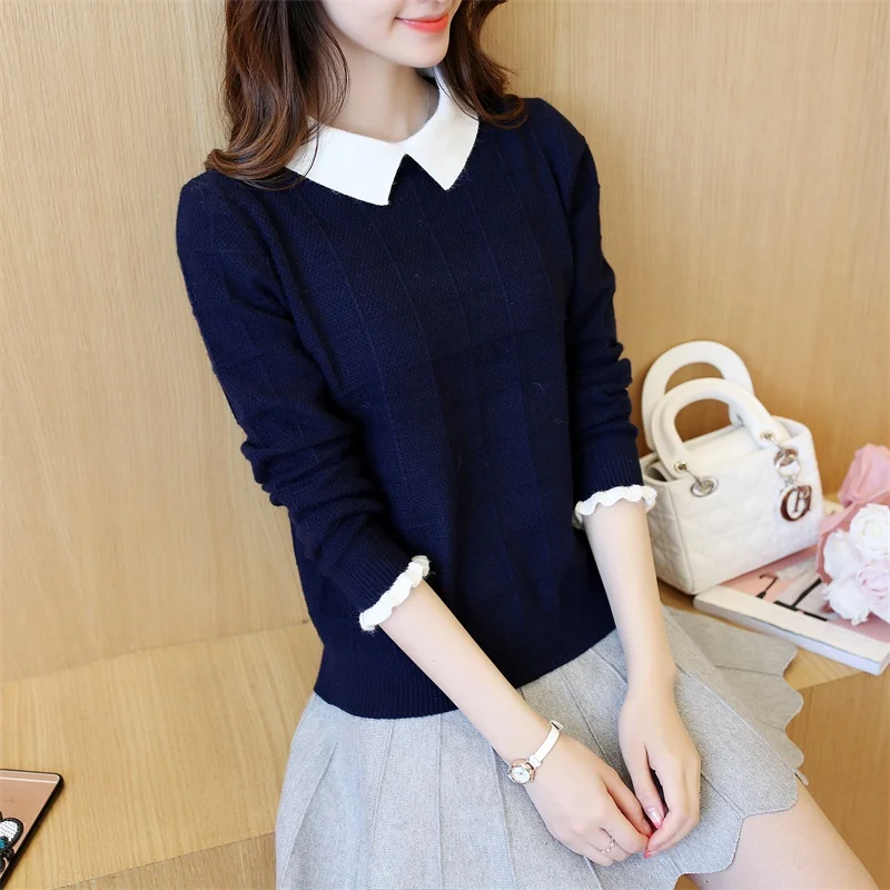 Autumn and Winter New Fake Two-piece Knitted Blouse, Lady\'s Sweater, Loose Bottom Doll Neck, Spring Suit