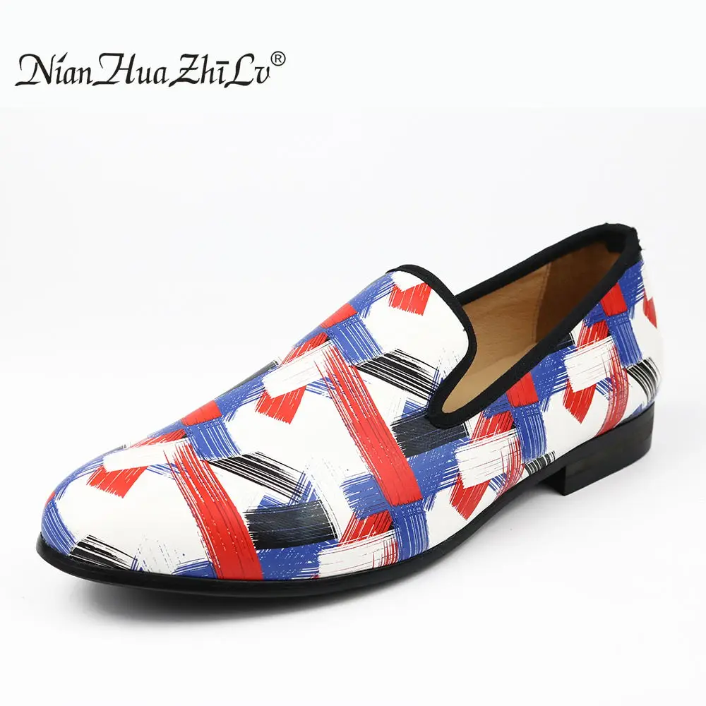 XQWFH Men Leather Shoes Mixed Colors Printed Loafers Fashion Handmade Casual Shoes Men\'s Party Wedding Dress Shoes Smoking Flats