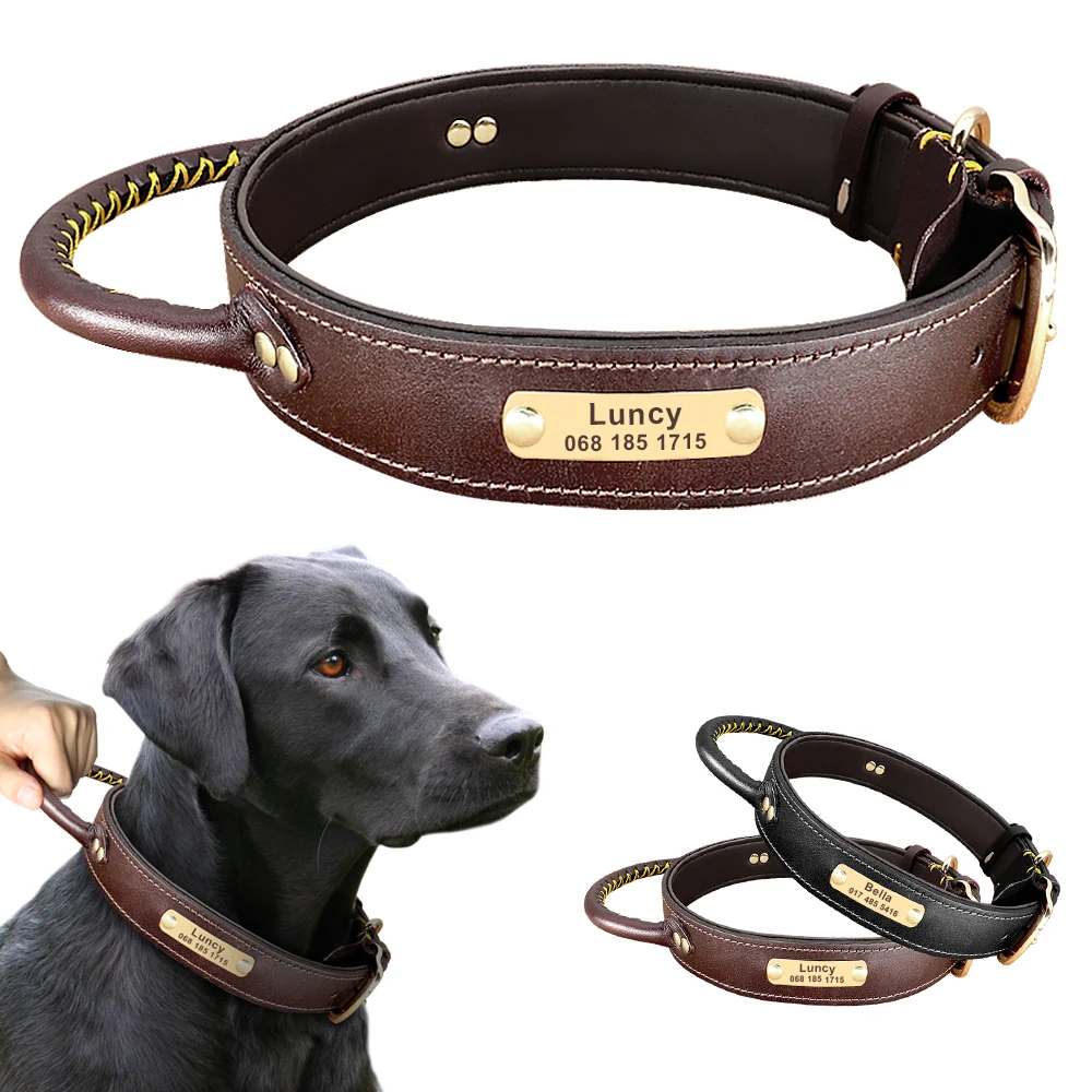 Soft Custom Leather Dog Collar Personalized Pet ID Tag Collar With Handle Engraved Nameplate For Medium Large Dogs Adjustable