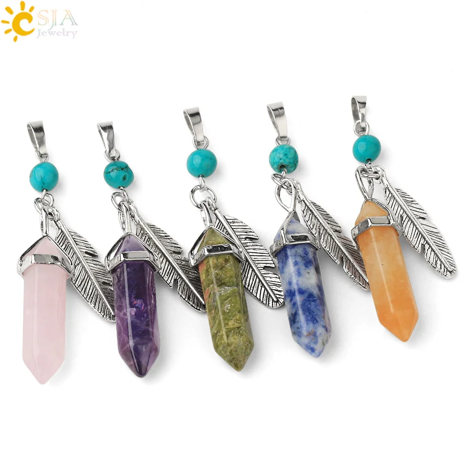 CSJA натуральный хрустальный камень шестиугольная призма подвески двойной заостренный античное серебро цвет перо кварцевый кулон для ожерелья G575 CSJA натуральный хрустальный камень шестиугольная призма подвески двойной заостренный античное серебро цвет перо кварцевый кулон для ожерелья G575