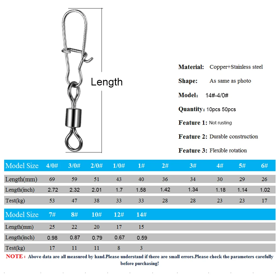 50PCS Pike Fishing Accessories Connector Pin Bearing Rolling Swivel Stainless Steel Snap Fishhook Lure Swivels Tackle