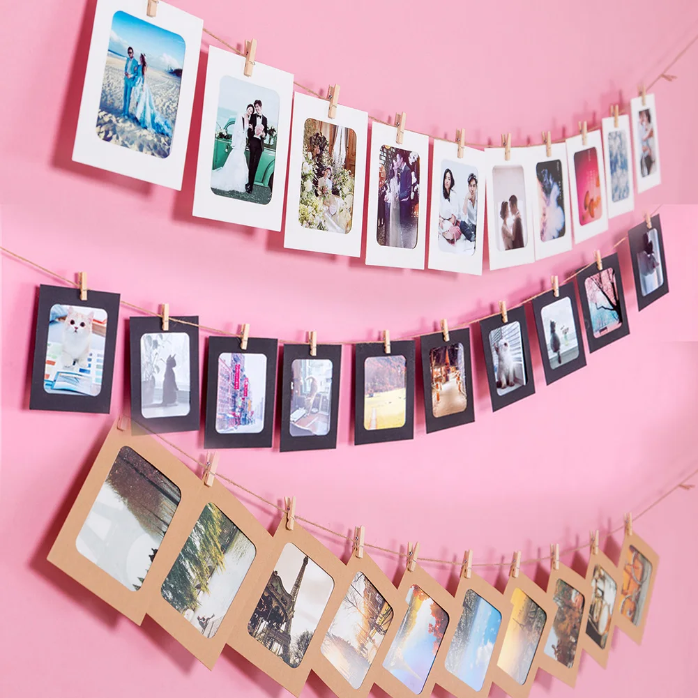 10PCS Paper Frame with Clips DIY Picture Holder Kraft Paper Picture Frame Wooden Rope Hanging Wall Photos Album Wall Decoration