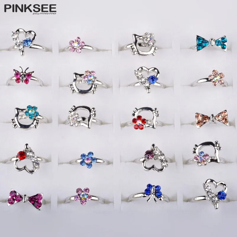 (without box)10pcs/lot Children's Crystal Rings Butterfly Flower Heart Bow  Metal Alloy Ring Mix Finger Jewellery Kid Girls