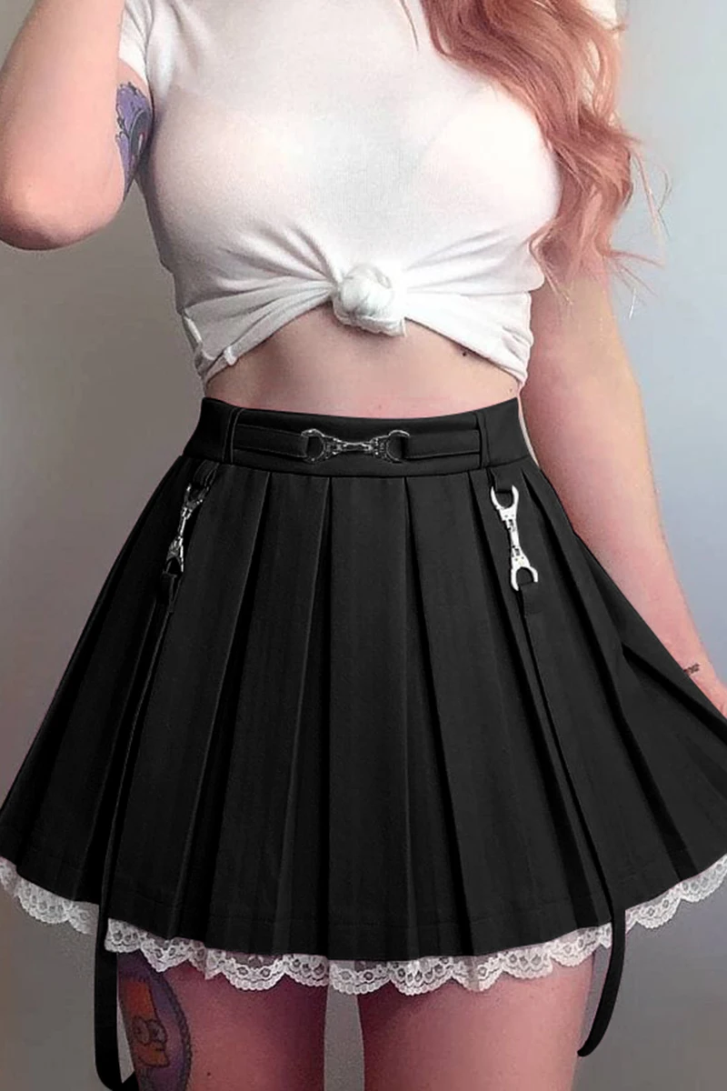 Women Skirts 2021 New Straps Decor Harakuju Lolita High Waist Mini Pleated Skirt School Girls Lace Hem Cute Streetwear