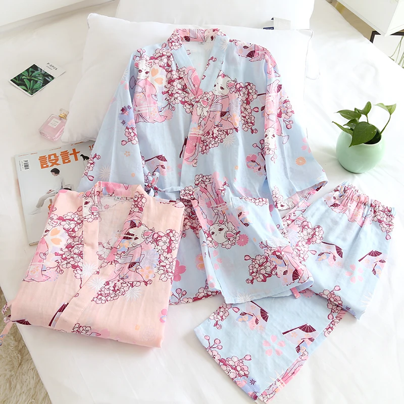 Women Summer Short Sleeve Cotton Loose Pajamas Trousers Set Bathrobe V-Neck Cute Cartoon Pattern Kimono Hanfu Lounge Sleepwear