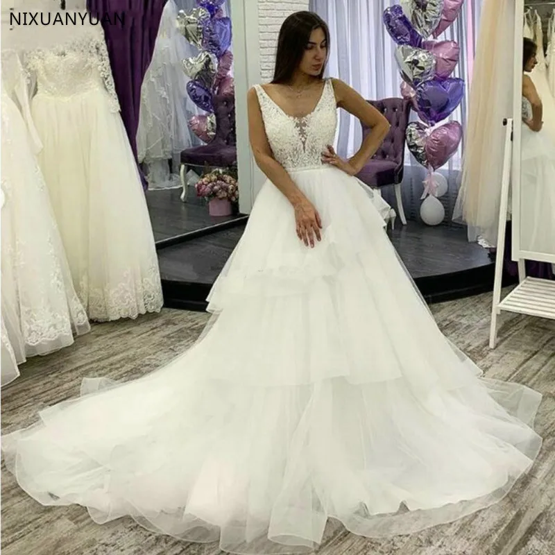 Ruffles Tiered Skirt A Line Wedding Dresses with Lace Appliques V Neck Backless Bridal Wedding Gowns Sleeveless