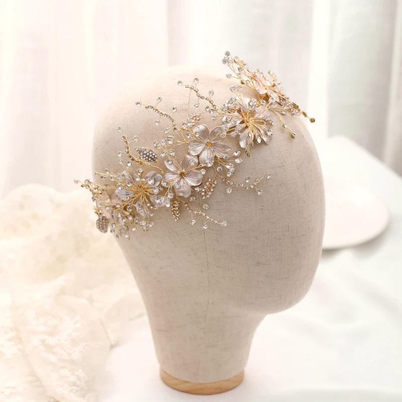Wedding Headband Gold crystal Flower Tiara Handmade Bride Headdress  Leaf Hair Jewelry Princess Headband Bride Hair Accessories