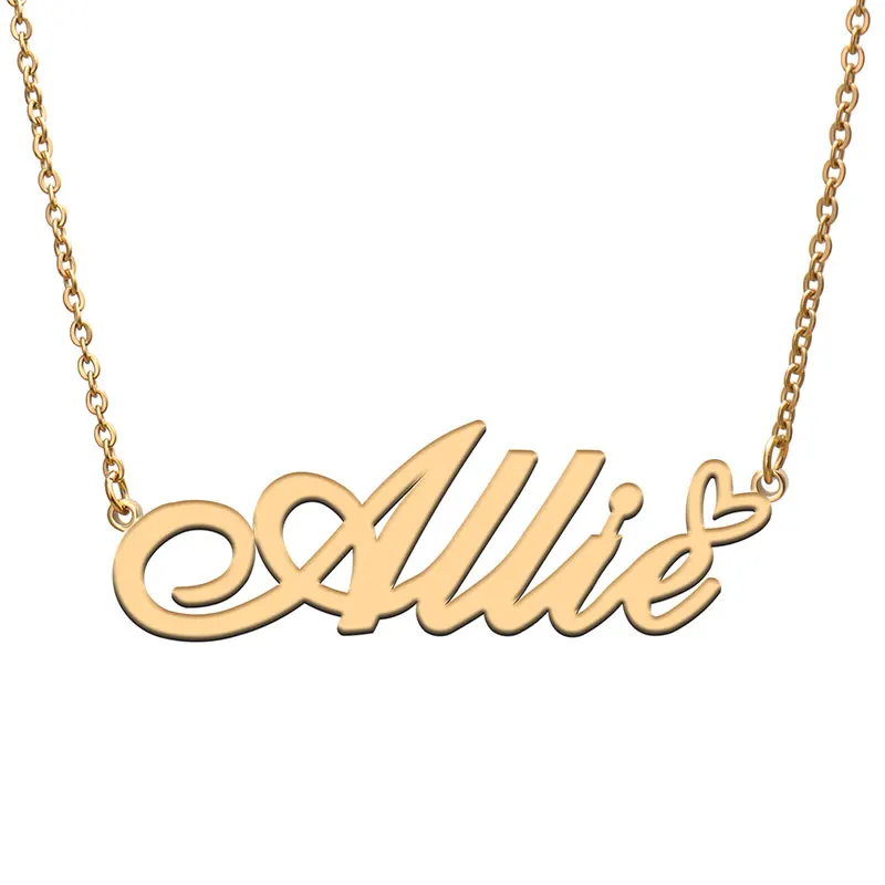 Allie Name with Love Heart Necklace for Women Stainless Steel Jewelry Personalized Nameplate Pendant Femme Mother Girls Gift