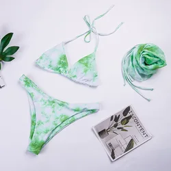 Damski Neon Tie Dye zestaw Bikini strój kąpielowy strój kąpielowy biustonosz plażowy zestaw błyszczące różowe ubrania 3 szt