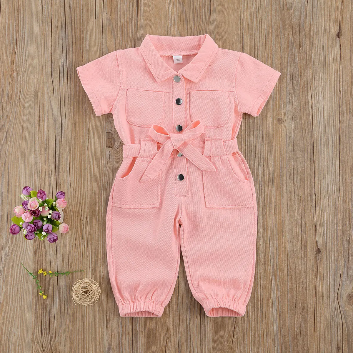 Pink Denim Jumpsuit for Girl Toddler Kids Work Clothes Toddler Standing Collar Pocket Short Sleeve Romper for Children