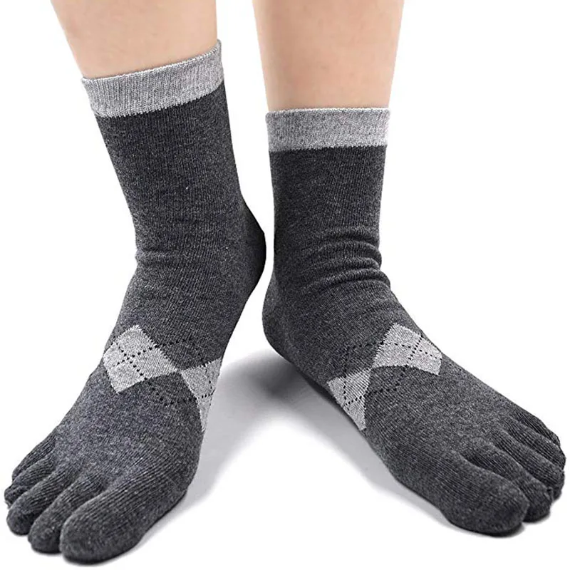 5 Pairs Short Business Socks Men's Plaid Five Finger Sock Cotton Middle Tube Anti Odor Jacquard Diamond Sports Split Toe Socks