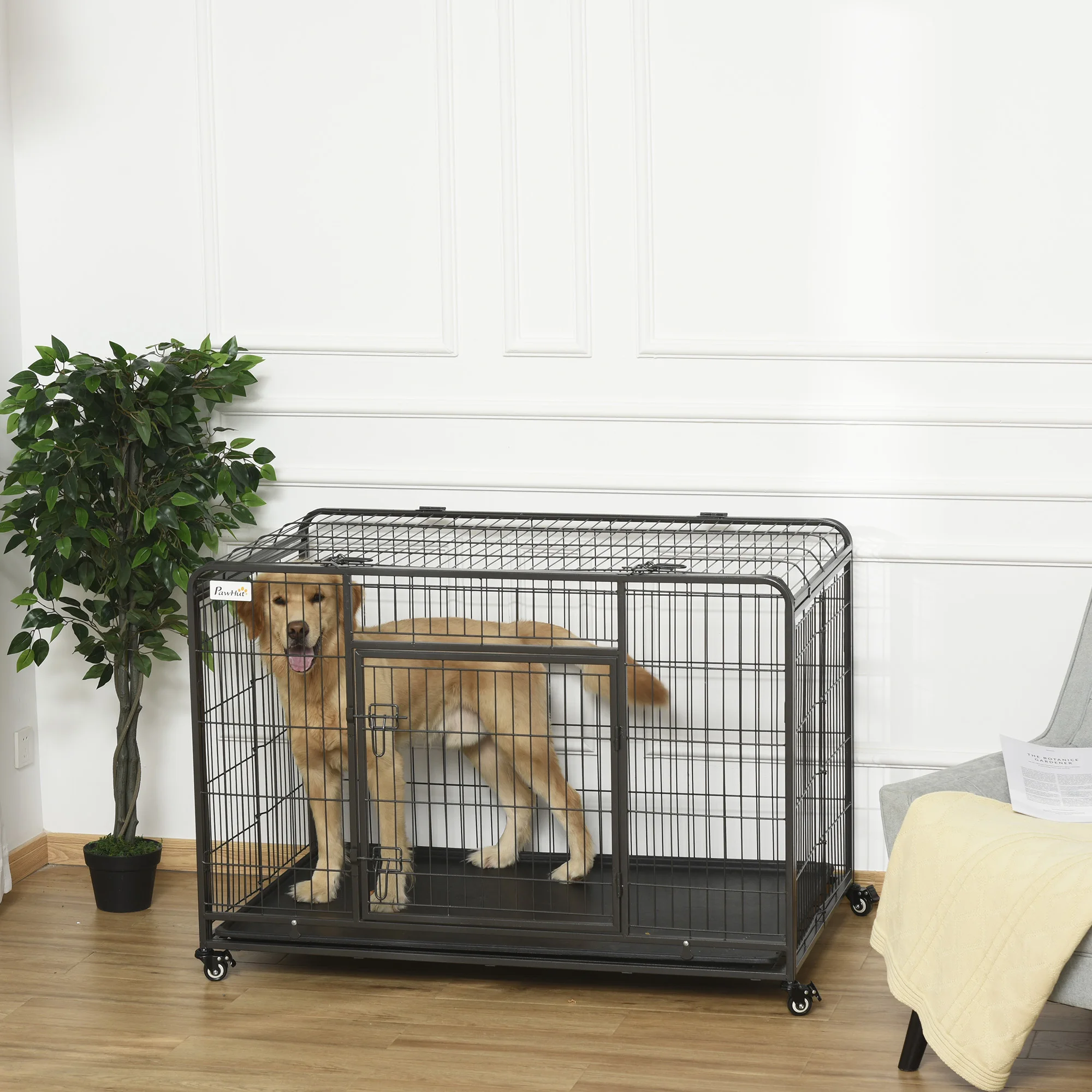 PawHut folding dog cage with wheels and brakes removable tray and door with latches 125x76x81 cm dark gray