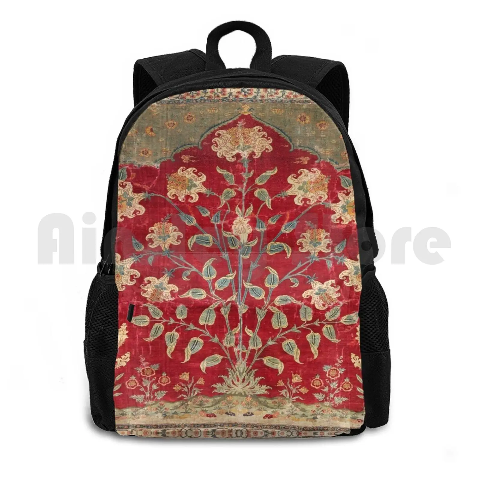 Indian Floral Rug 17th Century Fine Art Print Outdoor Hiking Backpack Riding Climbing Sports Bag Vintage Vintage Rug Carpet