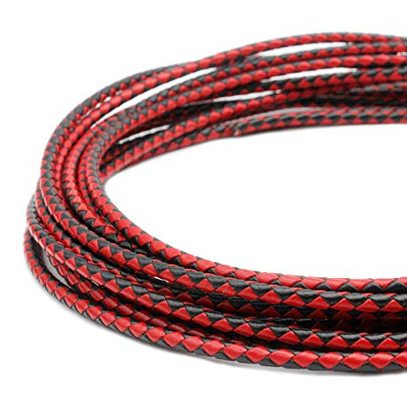 Aaazee 1 Yard 4mm Round Black and Red Mixed Braided Bolo Leather Strap, Leather Cord for Bracelet Necklace Working for Bolo Ties