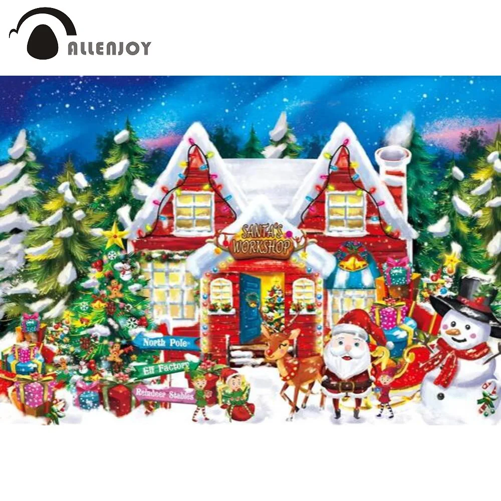 Allenjoy Christmas House Background Santa Workshop Tree Snowman Winter Night Cold Photography Wallpaper Backdrop Photobooth