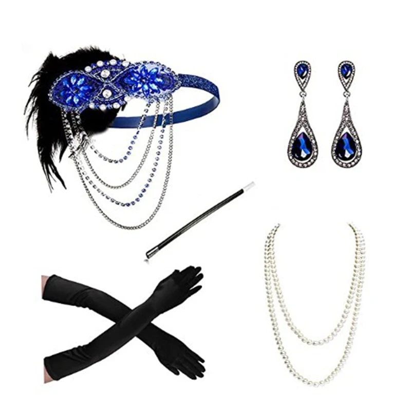 5Pcs/set Women 1920S Headband The Great Gatsby Cosplay Stage Performance Retro Feather Headband Necklace Earring Accessories Set