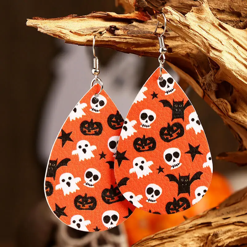 2021 New Vegan Leather Teardrop Halloween Earrings for Women Fashion Bat Pumpkin Lantern Print All Hallow's Day Jewelry