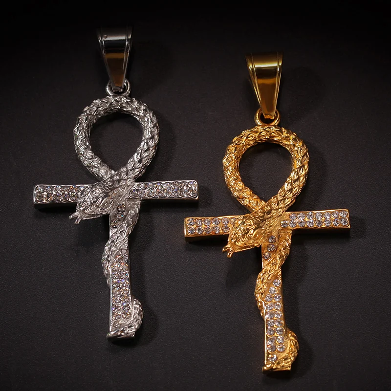 Hip Hop Bling Iced Out Rhinestones Stainless Steel Snake Ankh Cross Pendant Necklace for Men Rapper Jewelry