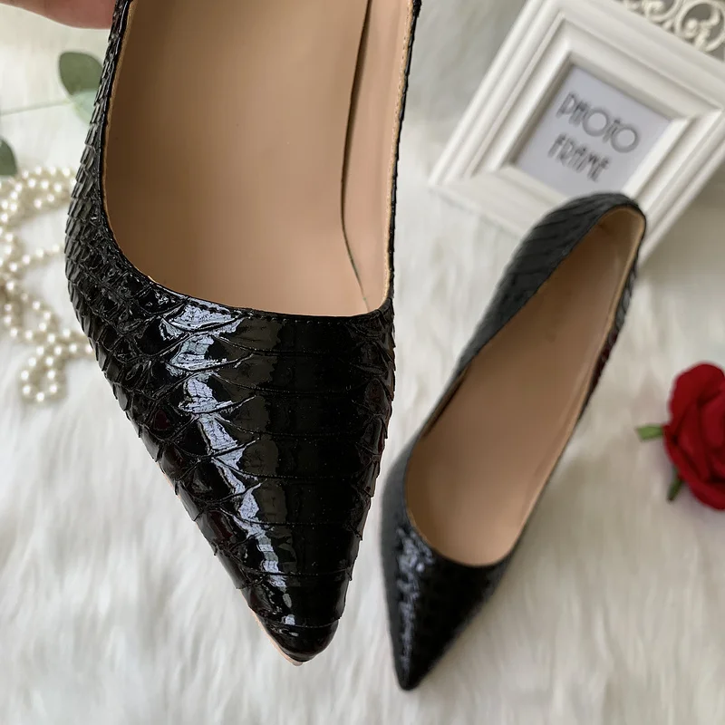 2023 Factory outlet custom made black patent snake python leather pointed toe 120mm high heel shoes pump plus size 12 on sale