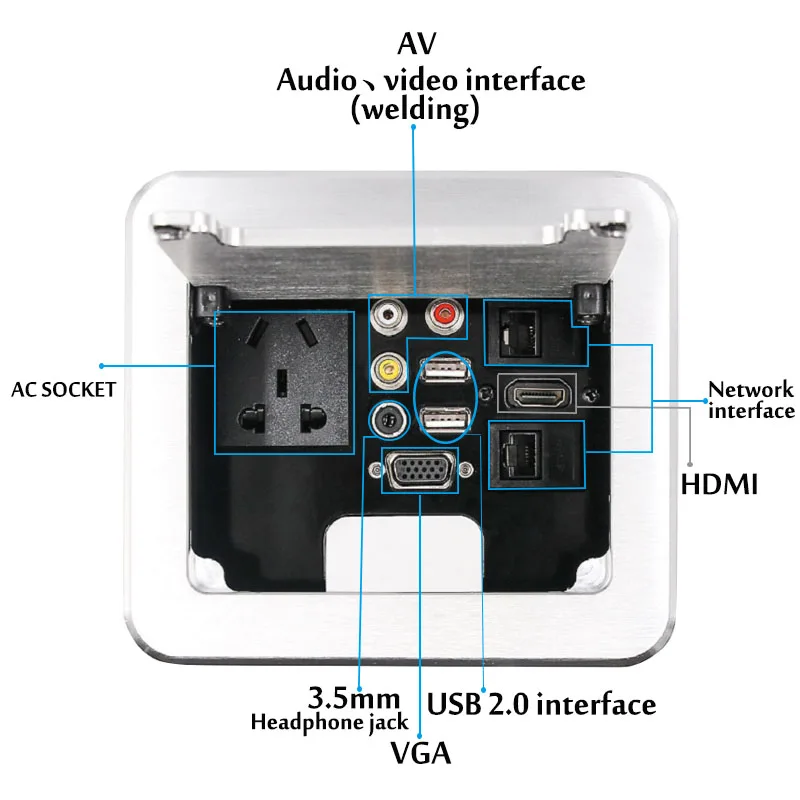 Aluminium Alloy US UK Universal power Desktop outlet box socket HDMI-compatible VA VGA Network 2USB Chager port pop-up socket