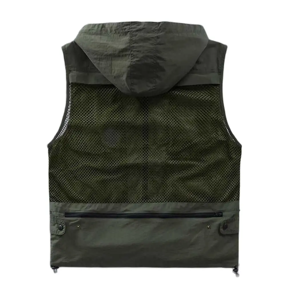 Versatile Photographer Men Hooded Vest Waterproof Mesh Vest Men Gilet Sleeveless Jackets with Big Pocket Spring Summer Clothes