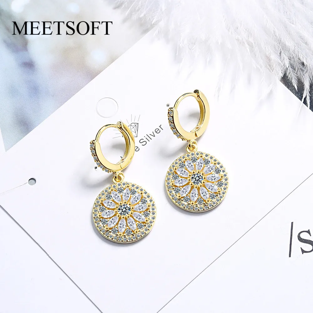 MEETSOFT Punk 925 Sterling Silver Flower Zircon Hoop Earrings for Women Anniversary Fine Jewelry Accessory wholesale Gift