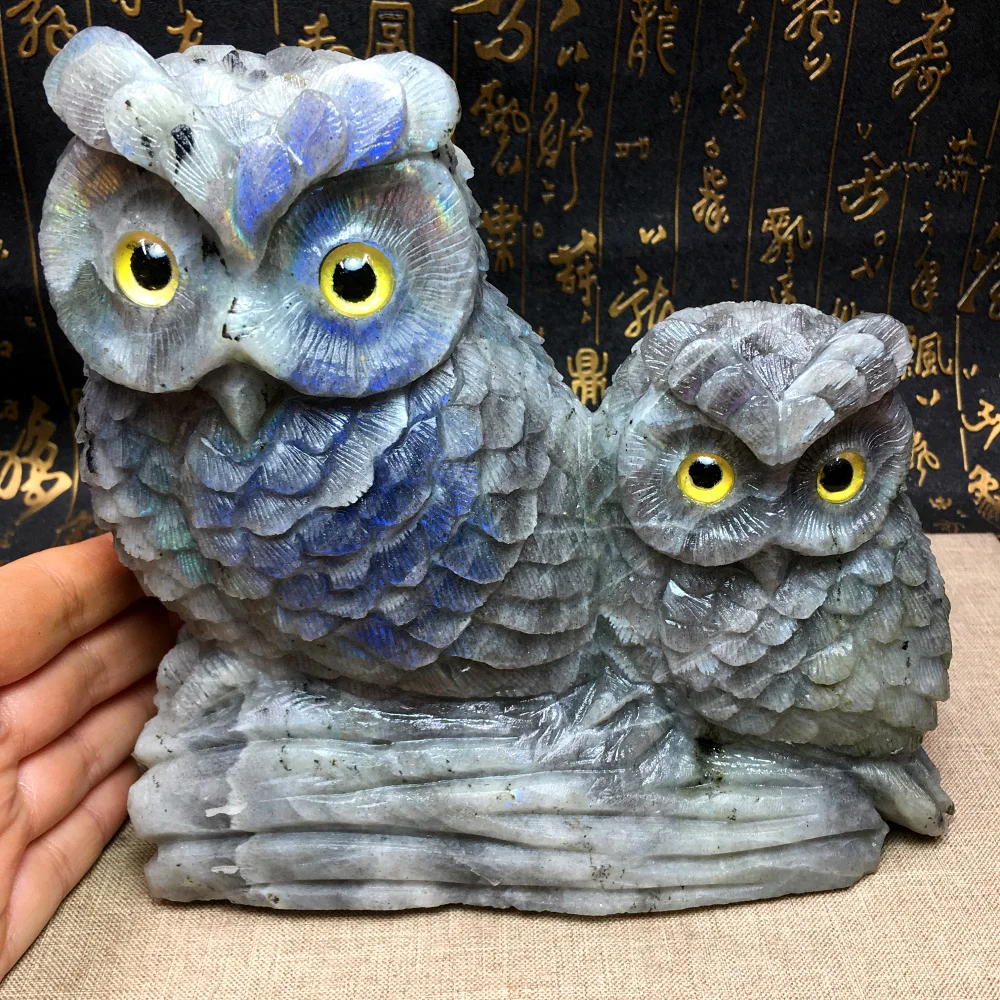 3100G Natural Labradorite Carved Owl  Animal Gemstone crystal Quartz stone Figurine Home Decor healing