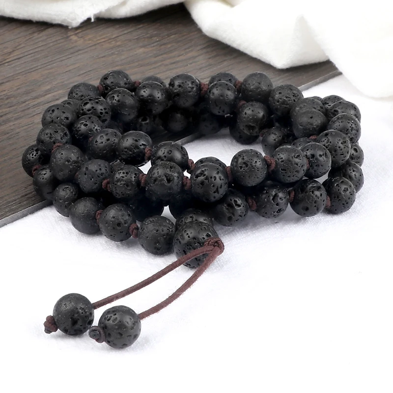 8mm perline fatte a mano bracciale da uomo collana classica in pietra lavica nera naturale per donna Yoga Buddha Charm Mala bracciale regalo gioielli