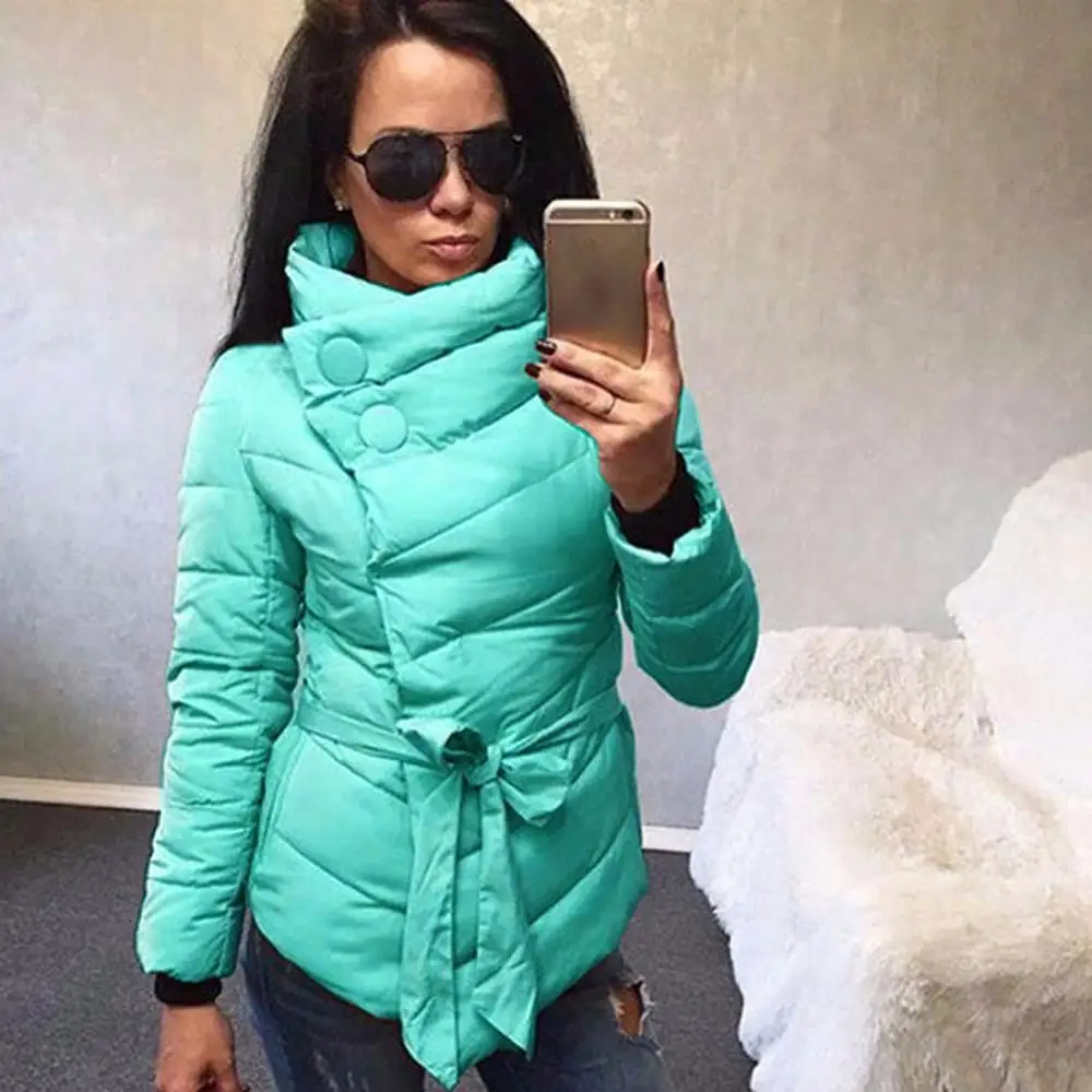 Autumn and Winter Single Breasted Women\'S Casual fashion Thin Short Coat High Neck Sashes Button Coats Warm Sashes Jacket