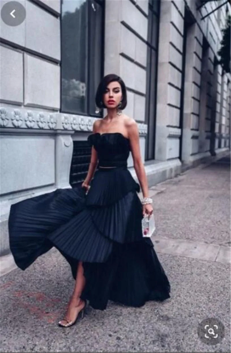 

Verngo Modern Black Pleats A Line Evening Party Dresses Tiered Skirt Strapless Ankle Length Prom Gowns Special Occasion Dress